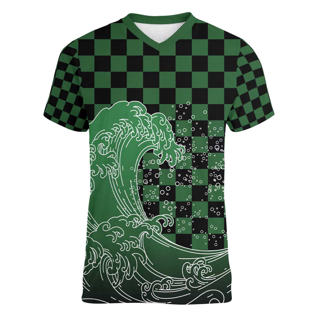 Japanese Asanoha Pattern Women V-Neck T-Shirt Water Breathing Slayer Dragon LT9 Female Green - Polynesian Pride