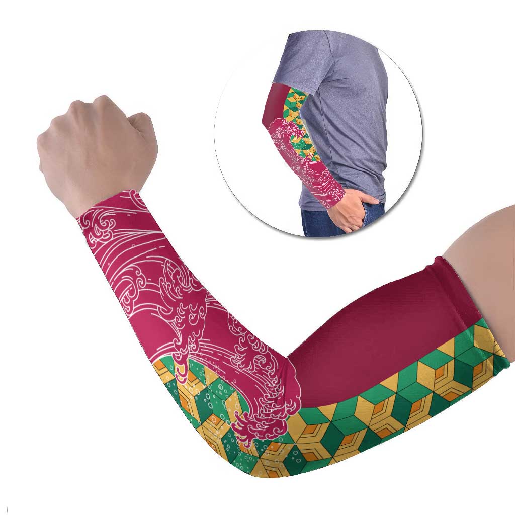 Japanese Bishamon-Kikkou Pattern Arm Sleeves Water Pillar Silent River Flow LT9 Set of 2 Burgundy - Polynesian Pride