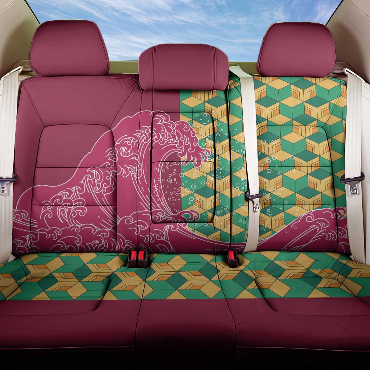 Japanese Bishamon-Kikkou Pattern Back Car Seat Cover Water Pillar Silent River Flow - Polynesian Pride