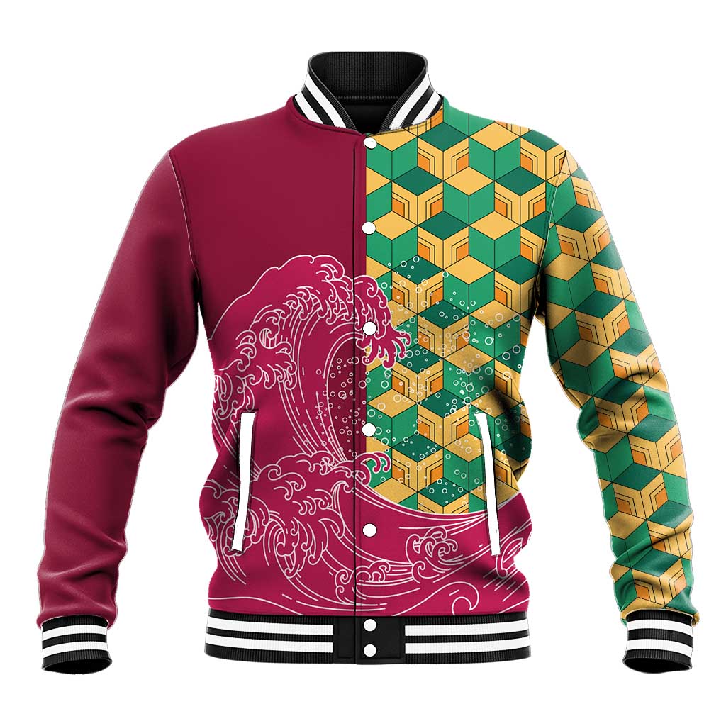 Japanese Bishamon-Kikkou Pattern Baseball Jacket Water Pillar Silent River Flow LT9 Unisex Burgundy - Polynesian Pride