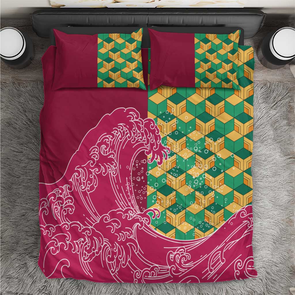 Japanese Bishamon-Kikkou Pattern Bedding Set Water Pillar Silent River Flow LT9 Burgundy - Polynesian Pride