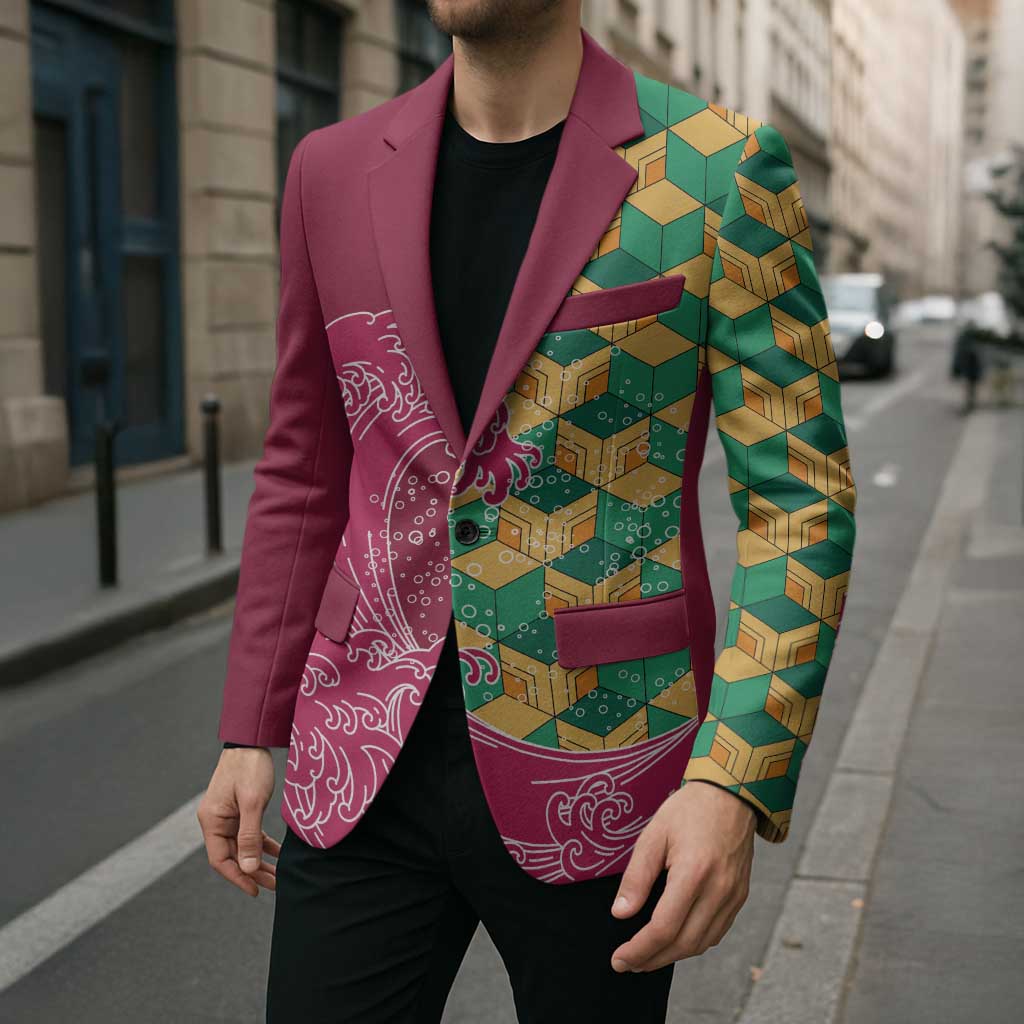 Japanese Bishamon-Kikkou Pattern Blazer Water Pillar Silent River Flow - Polynesian Pride