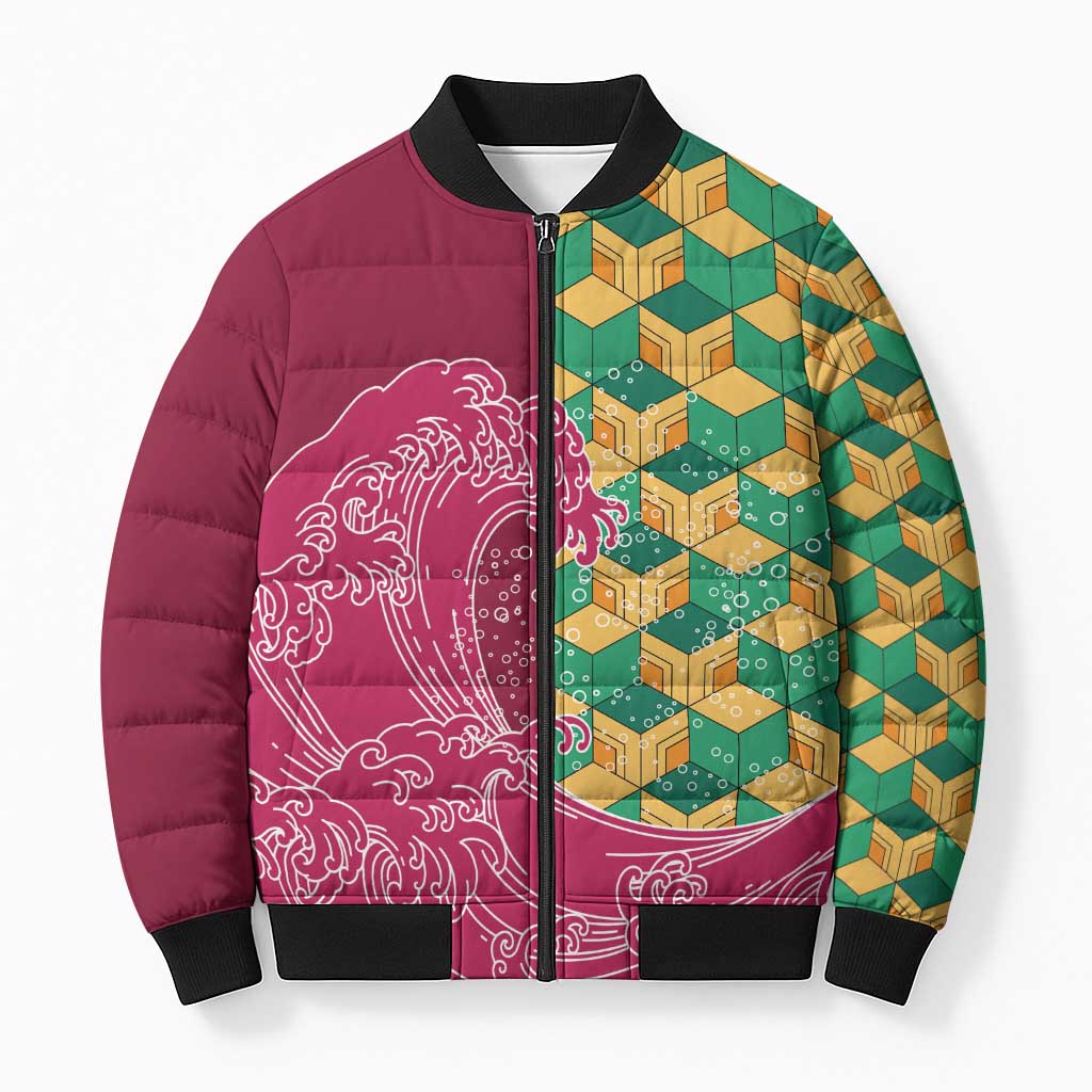 Japanese Bishamon-Kikkou Pattern Bomber Puffer Jacket Water Pillar Silent River Flow LT9 Unisex Burgundy - Polynesian Pride