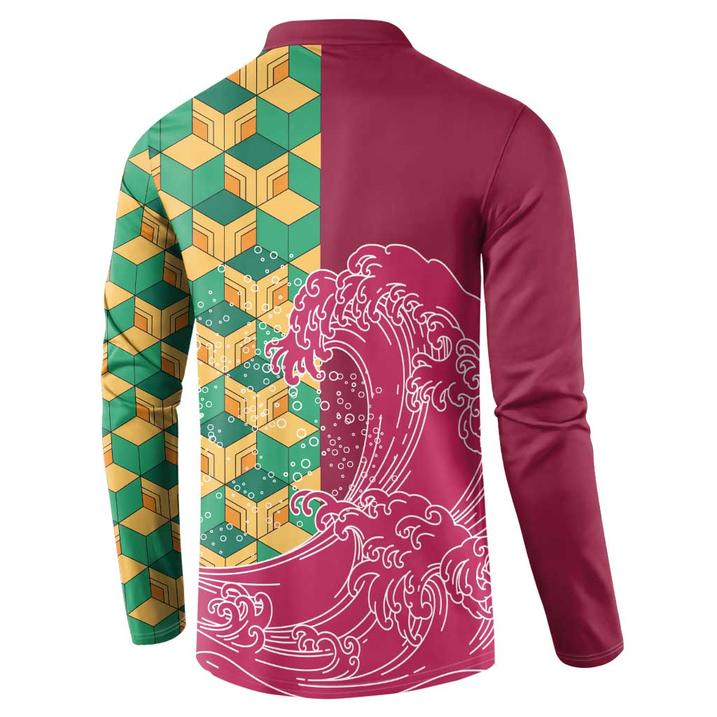 Japanese Bishamon-Kikkou Pattern Button Sweatshirt Water Pillar Silent River Flow - Polynesian Pride