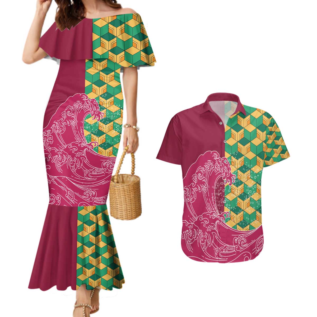 Japanese Bishamon-Kikkou Pattern Couples Matching Mermaid Dress and Hawaiian Shirt Water Pillar Silent River Flow - Polynesian Pride