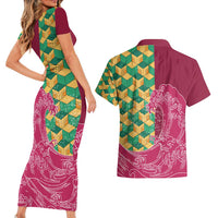 Japanese Bishamon-Kikkou Pattern Couples Matching Short Sleeve Bodycon Dress and Hawaiian Shirt Water Pillar Silent River Flow - Polynesian Pride