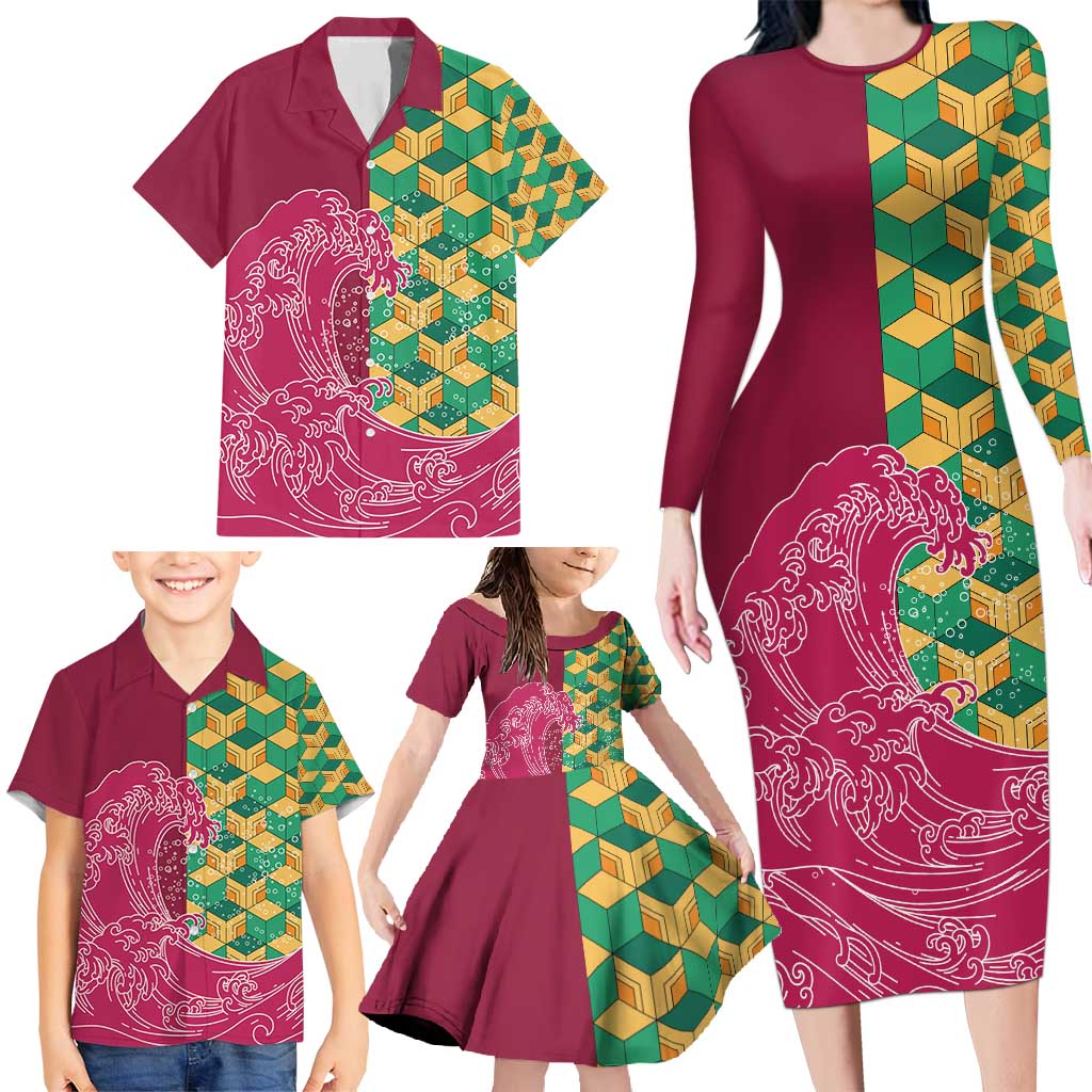 Japanese Bishamon-Kikkou Pattern Family Matching Long Sleeve Bodycon Dress and Hawaiian Shirt Water Pillar Silent River Flow - Polynesian Pride