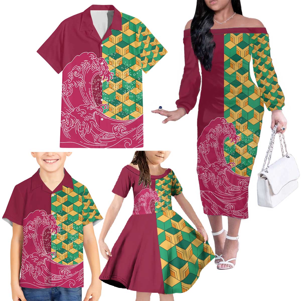 Japanese Bishamon-Kikkou Pattern Family Matching Off The Shoulder Long Sleeve Dress and Hawaiian Shirt Water Pillar Silent River Flow - Polynesian Pride