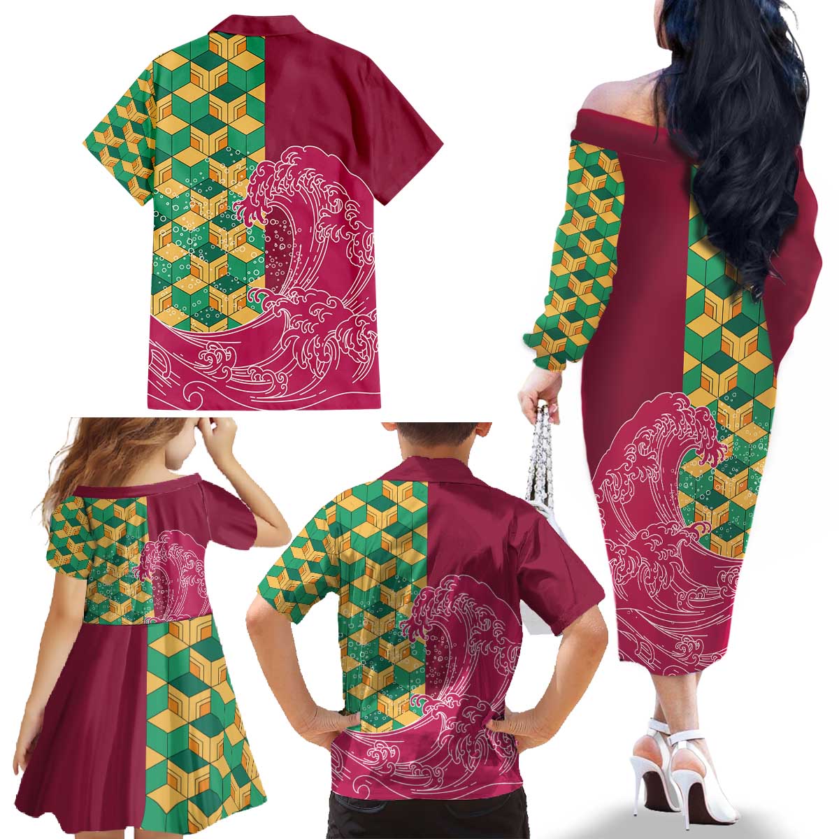 Japanese Bishamon-Kikkou Pattern Family Matching Off The Shoulder Long Sleeve Dress and Hawaiian Shirt Water Pillar Silent River Flow - Polynesian Pride