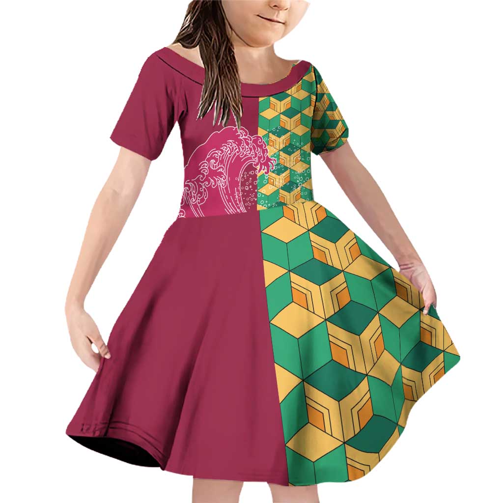 Japanese Bishamon-Kikkou Pattern Family Matching Off Shoulder Short Dress and Hawaiian Shirt Water Pillar Silent River Flow - Polynesian Pride