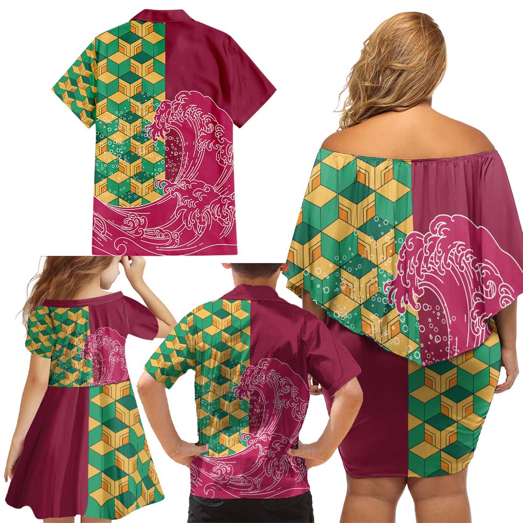Japanese Bishamon-Kikkou Pattern Family Matching Off Shoulder Short Dress and Hawaiian Shirt Water Pillar Silent River Flow - Polynesian Pride