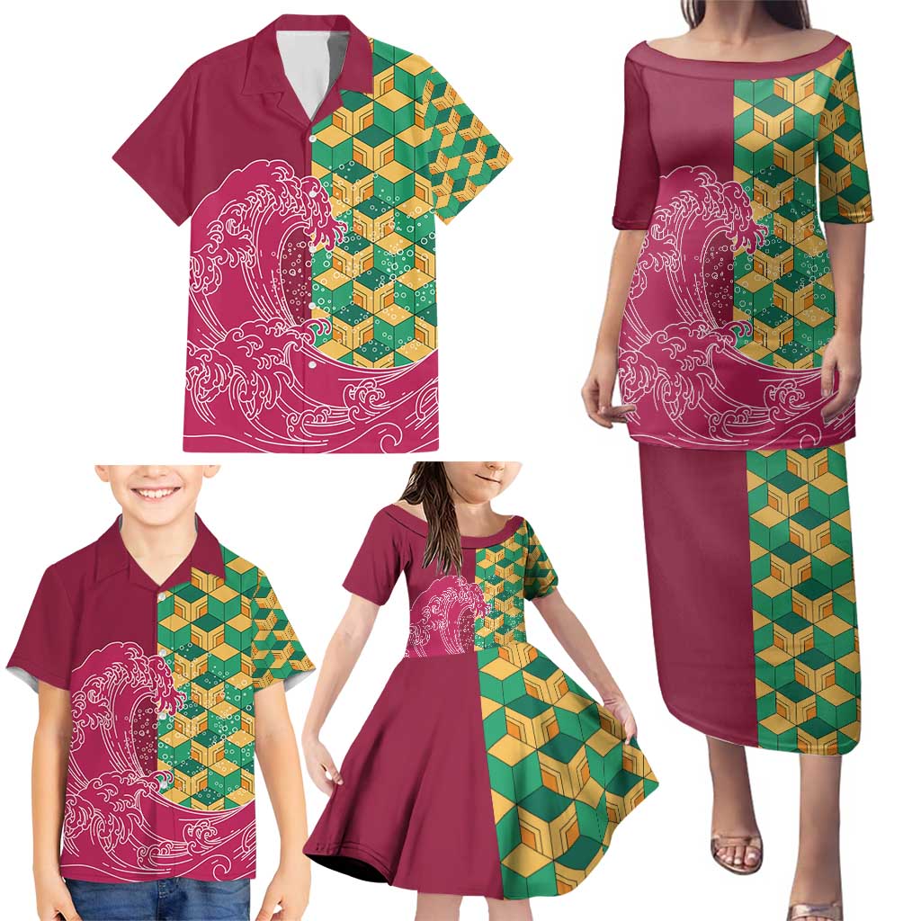 Japanese Bishamon-Kikkou Pattern Family Matching Puletasi and Hawaiian Shirt Water Pillar Silent River Flow - Polynesian Pride