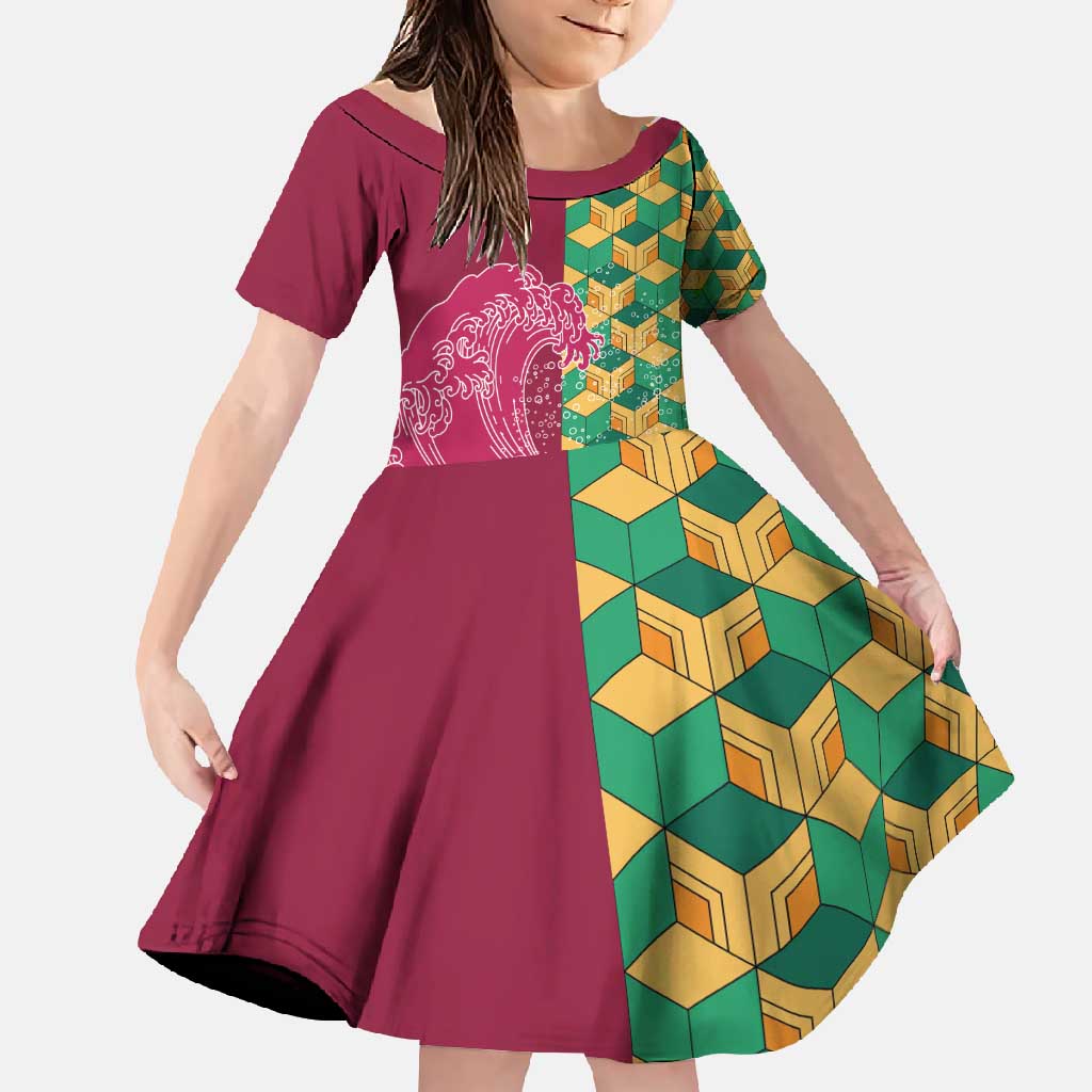 Japanese Bishamon-Kikkou Pattern Family Matching Short Sleeve Bodycon Dress and Hawaiian Shirt Water Pillar Silent River Flow - Polynesian Pride