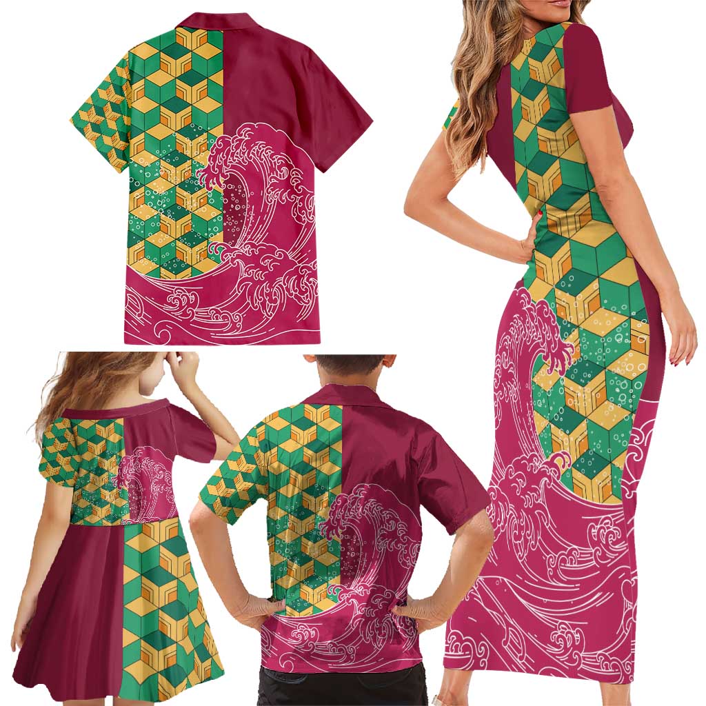 Japanese Bishamon-Kikkou Pattern Family Matching Short Sleeve Bodycon Dress and Hawaiian Shirt Water Pillar Silent River Flow - Polynesian Pride