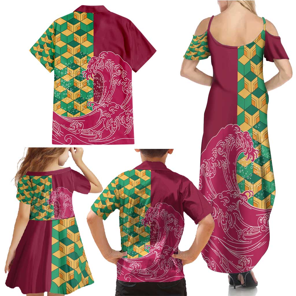 Japanese Bishamon-Kikkou Pattern Family Matching Summer Maxi Dress and Hawaiian Shirt Water Pillar Silent River Flow - Polynesian Pride