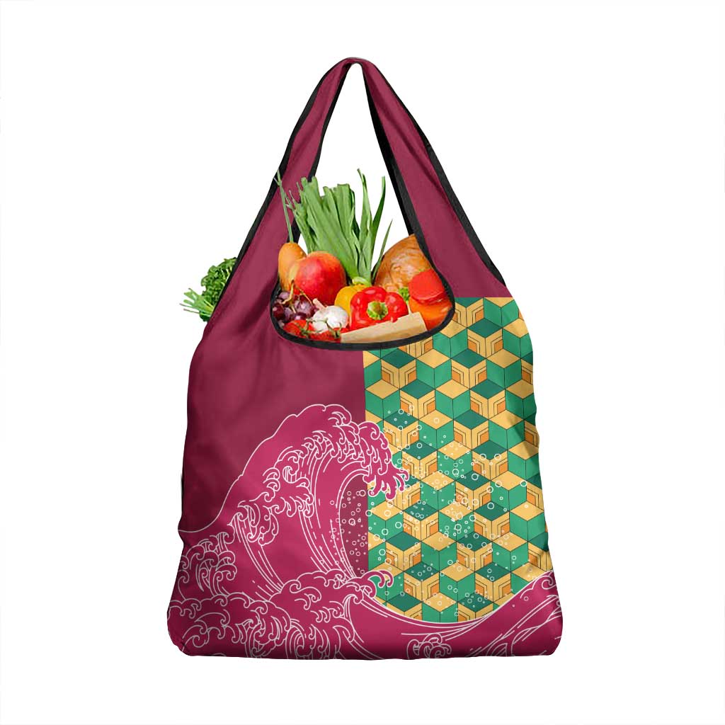 Japanese Bishamon-Kikkou Pattern Grocery Bag Water Pillar Silent River Flow LT9 1-pack One Size Burgundy - Polynesian Pride
