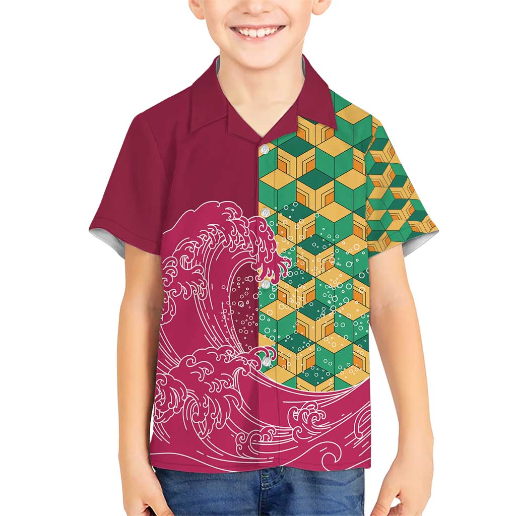 Japanese Bishamon-Kikkou Pattern Kid Hawaiian Shirt Water Pillar Silent River Flow LT9 Kid Burgundy - Polynesian Pride