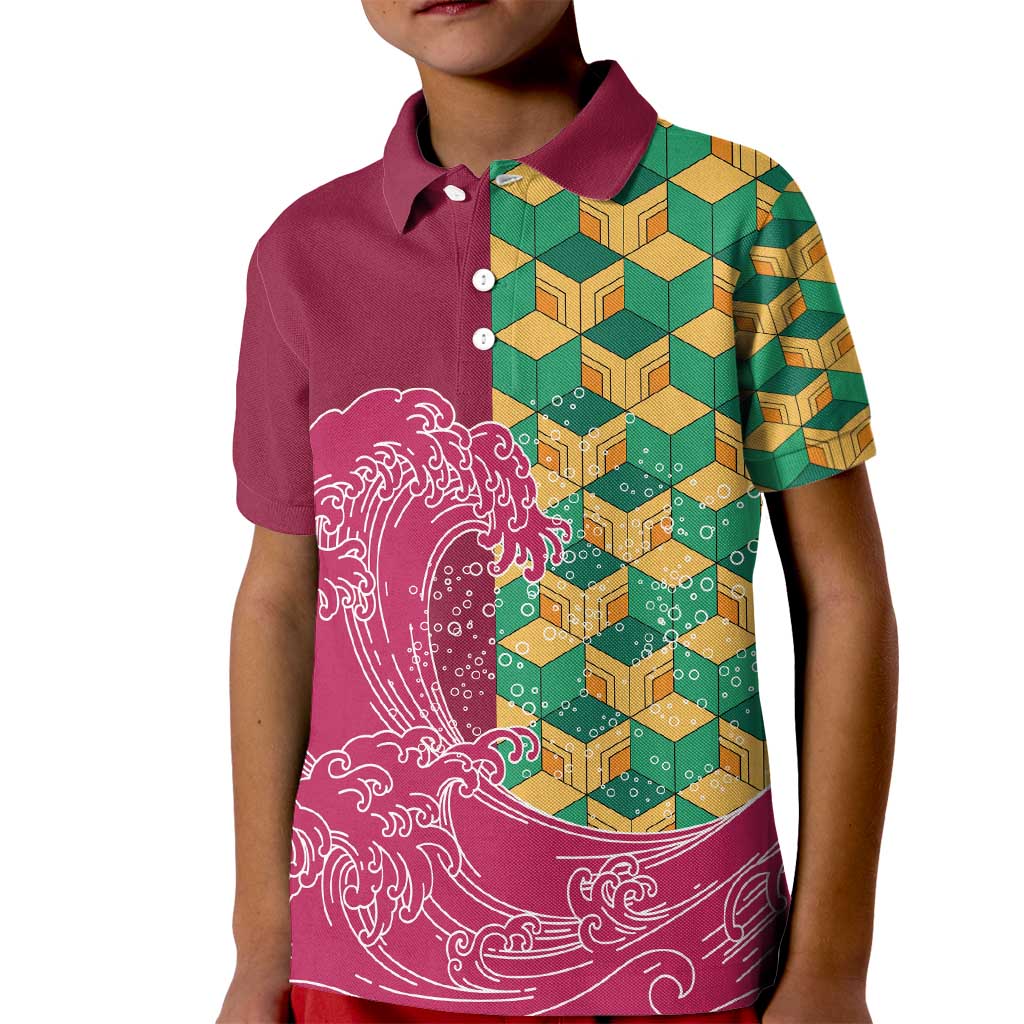 Japanese Bishamon-Kikkou Pattern Kid Polo Shirt Water Pillar Silent River Flow - Polynesian Pride