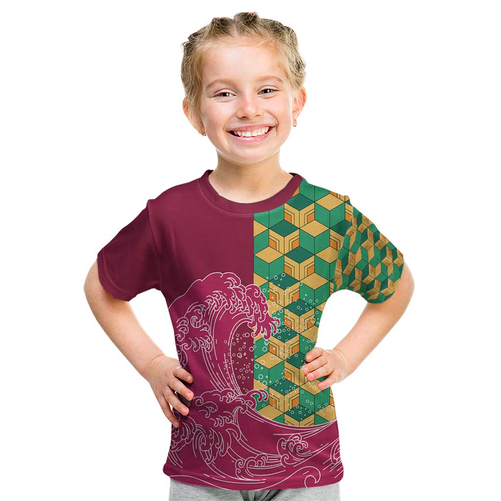 Japanese Bishamon-Kikkou Pattern Kid T Shirt Water Pillar Silent River Flow LT9 Burgundy - Polynesian Pride