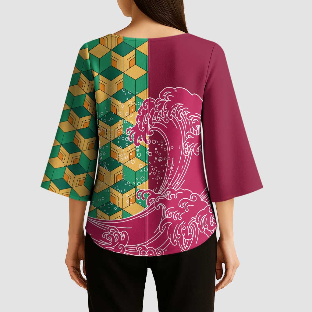 Japanese Bishamon-Kikkou Pattern Kimono Sleeve Blouse Water Pillar Silent River Flow - Polynesian Pride