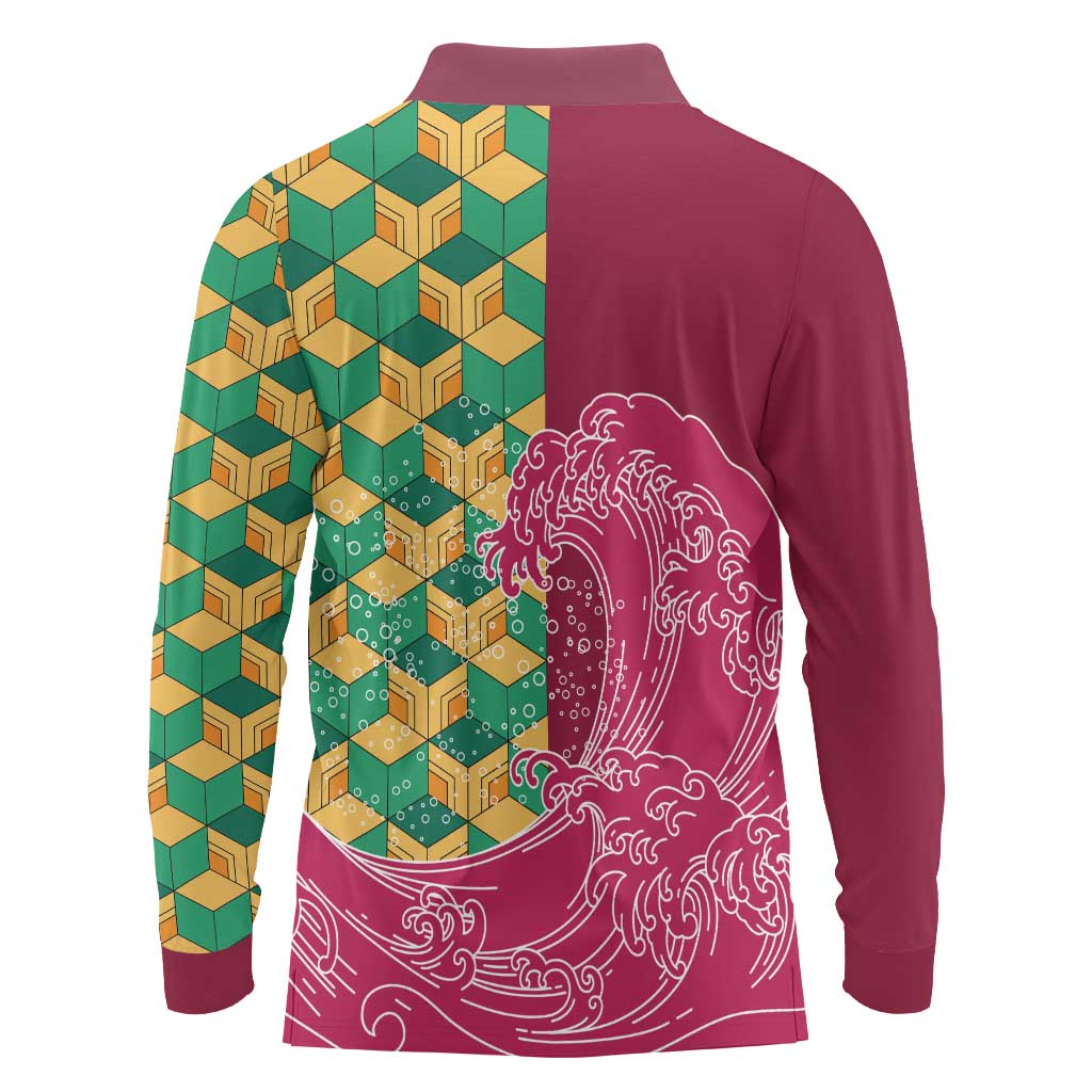 Japanese Bishamon-Kikkou Pattern Long Sleeve Polo Shirt Water Pillar Silent River Flow - Polynesian Pride