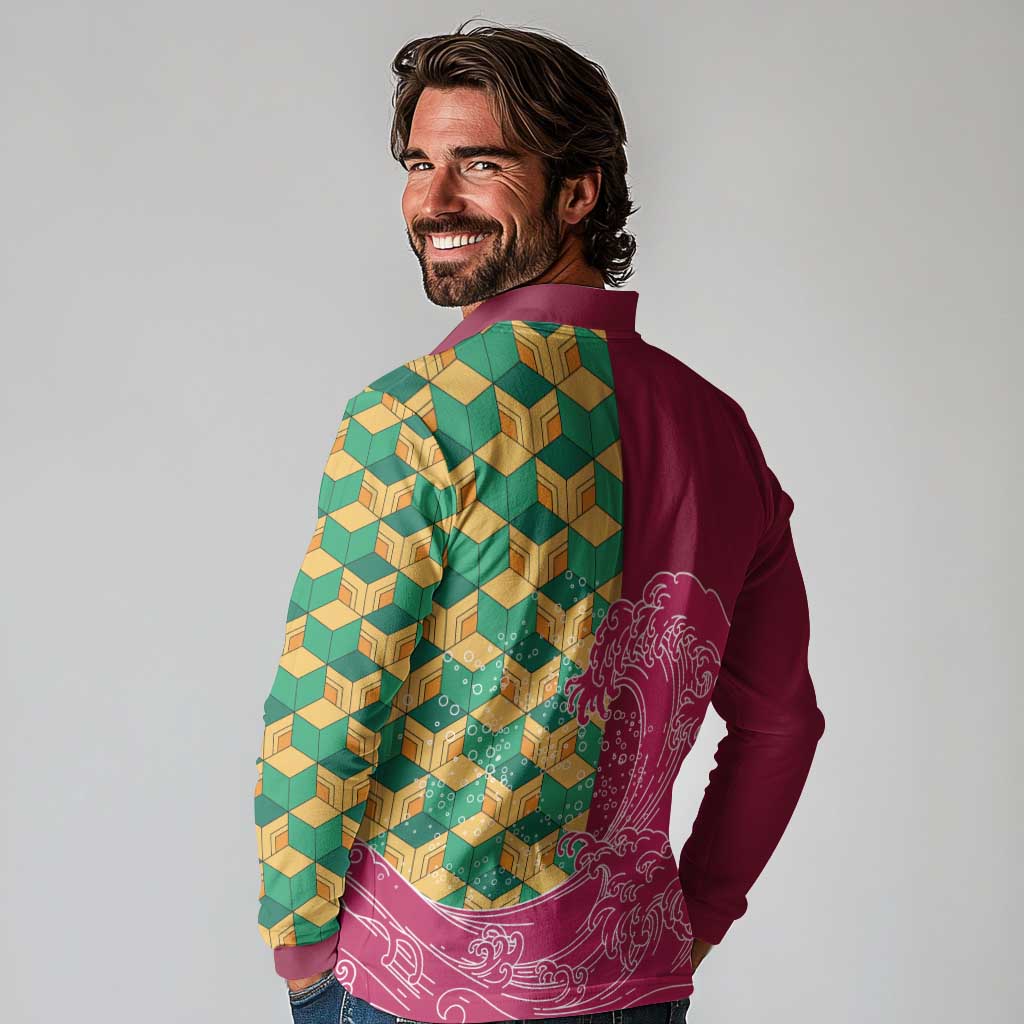 Japanese Bishamon-Kikkou Pattern Long Sleeve Polo Shirt Water Pillar Silent River Flow - Polynesian Pride