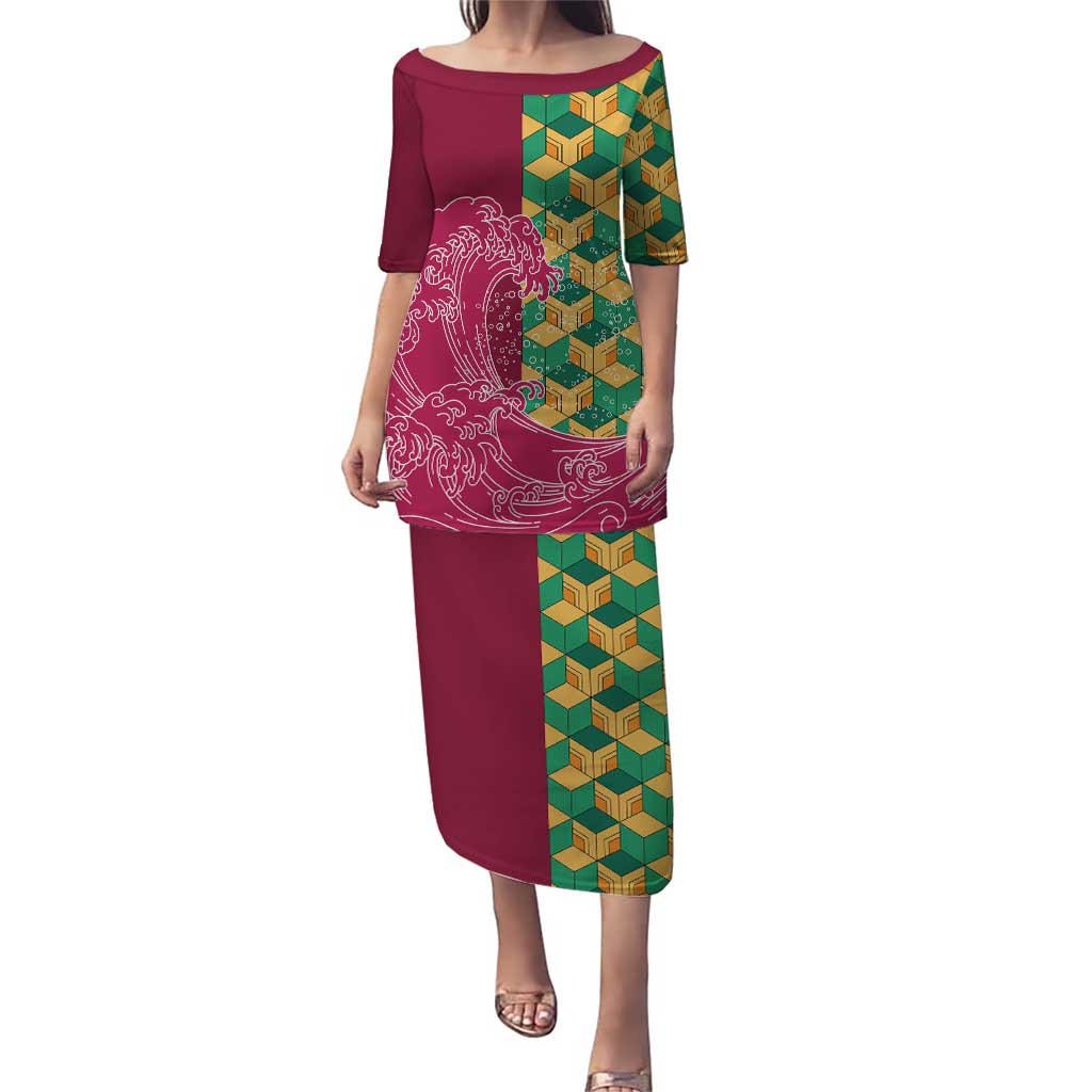 Japanese Bishamon-Kikkou Pattern Puletasi Water Pillar Silent River Flow - Polynesian Pride