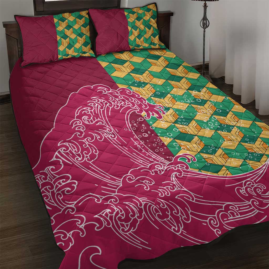 Japanese Bishamon-Kikkou Pattern Quilt Bed Set Water Pillar Silent River Flow LT9 Burgundy - Polynesian Pride