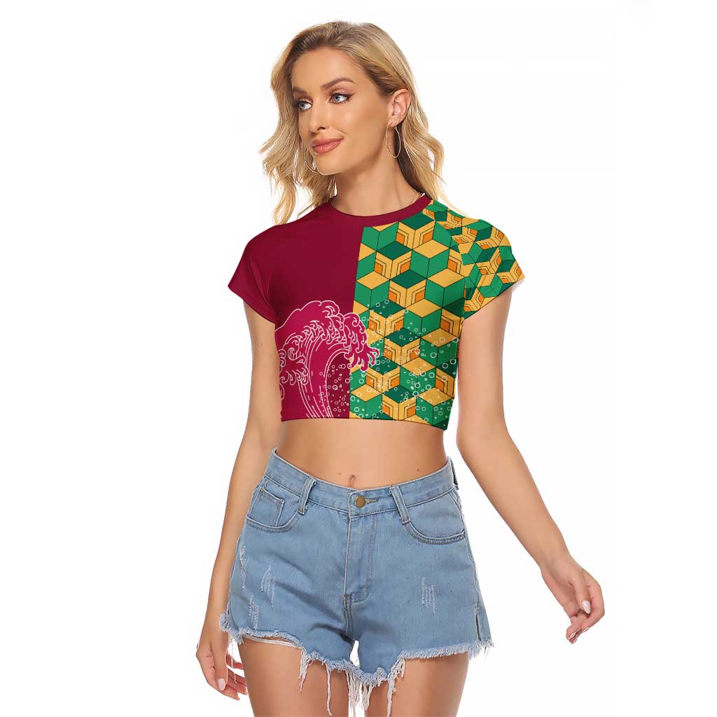 Japanese Bishamon-Kikkou Pattern Raglan Cropped T Shirt Water Pillar Silent River Flow LT9 Female Burgundy - Polynesian Pride