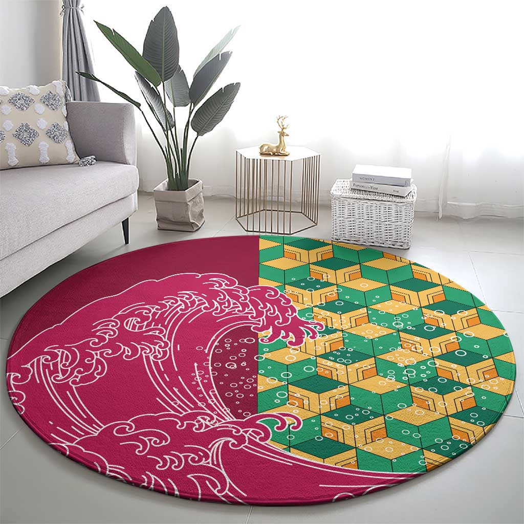 Japanese Bishamon-Kikkou Pattern Round Carpet Water Pillar Silent River Flow - Polynesian Pride