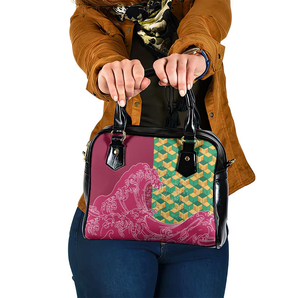 Japanese Bishamon-Kikkou Pattern Shoulder Handbag Water Pillar Silent River Flow LT9 One Size Burgundy - Polynesian Pride