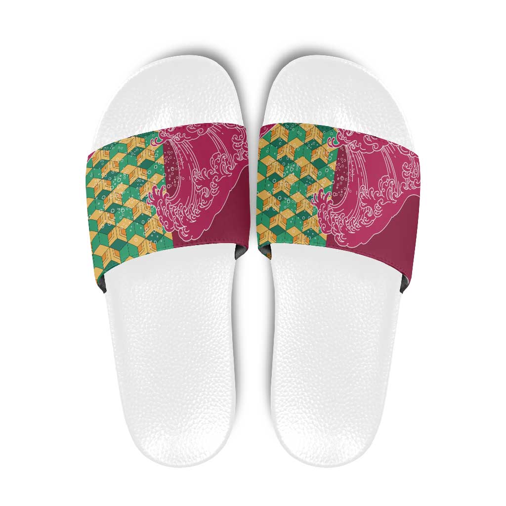 Japanese Bishamon-Kikkou Pattern Slide Sandals Water Pillar Silent River Flow LT9 Burgundy - Polynesian Pride