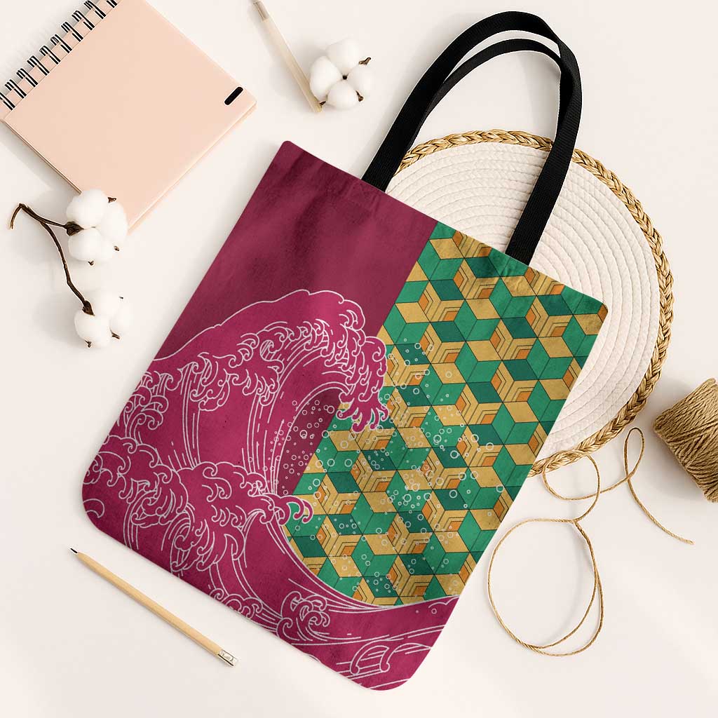 Japanese Bishamon-Kikkou Pattern Tote Bag Water Pillar Silent River Flow LT9 Black Strap One Size Burgundy - Polynesian Pride