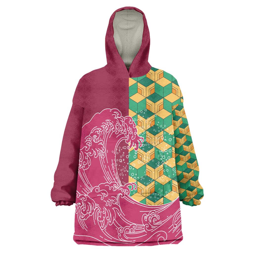 Japanese Bishamon-Kikkou Pattern Wearable Blanket Hoodie Water Pillar Silent River Flow LT9 One Size Burgundy - Polynesian Pride