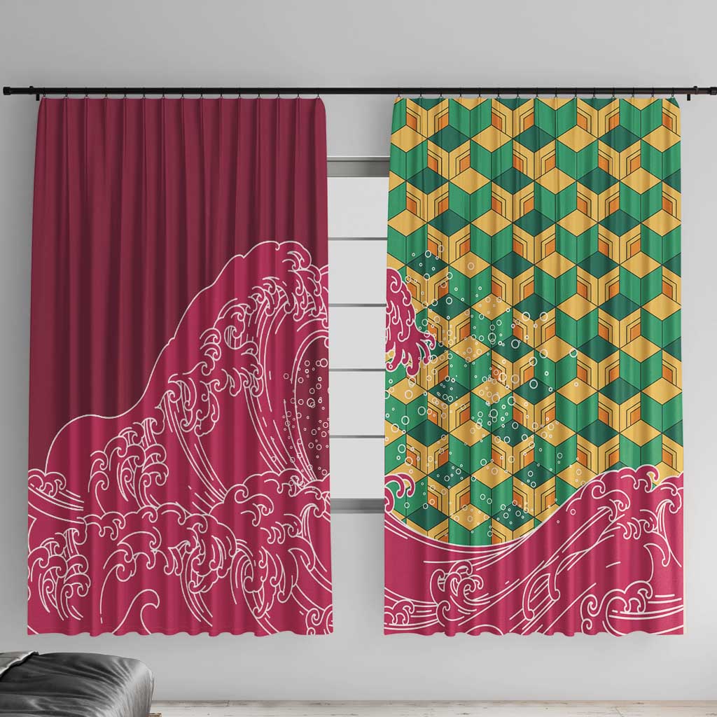 Japanese Bishamon-Kikkou Pattern Window Curtain Water Pillar Silent River Flow LT9 With Hooks Burgundy - Polynesian Pride