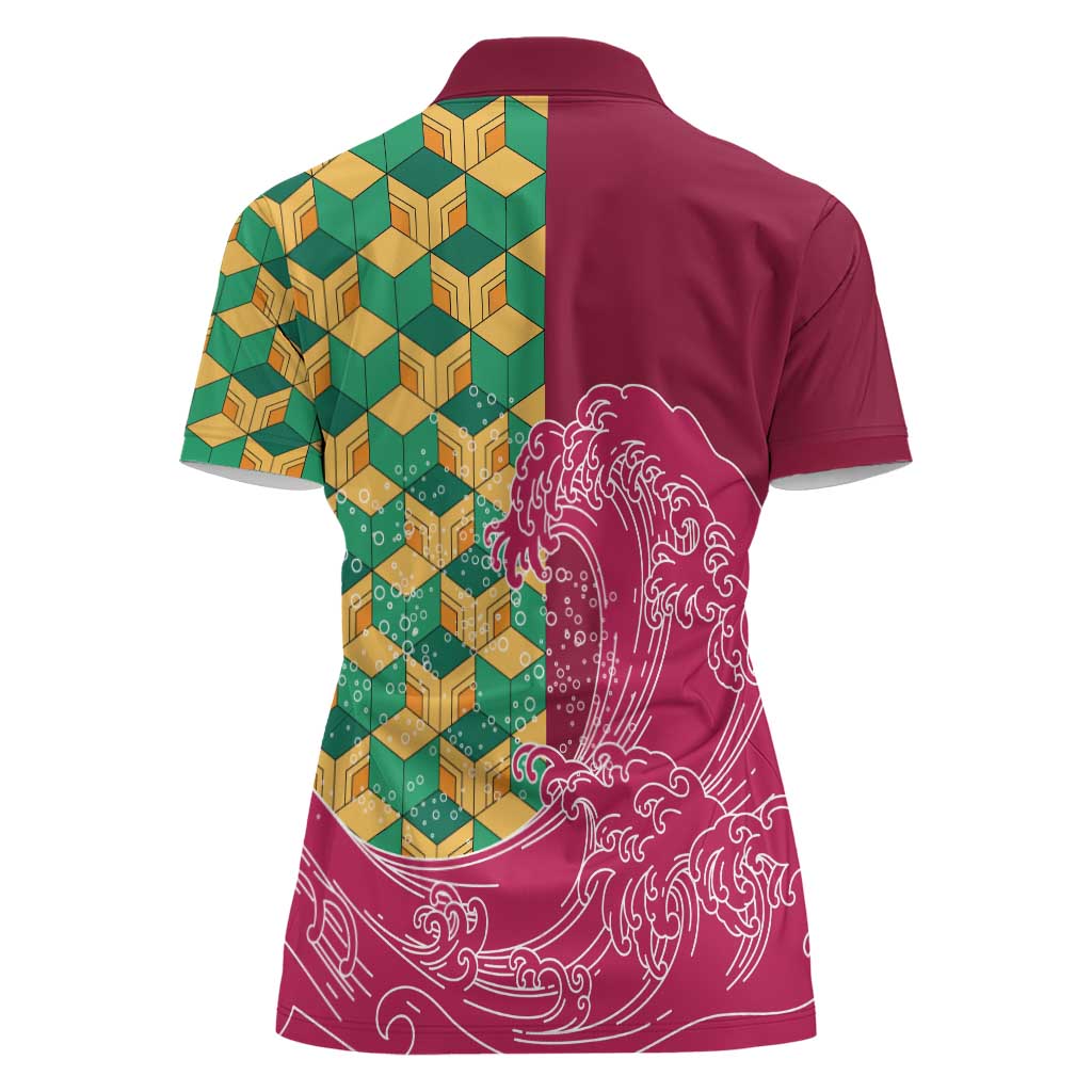 Japanese Bishamon-Kikkou Pattern Women Polo Shirt Water Pillar Silent River Flow - Polynesian Pride