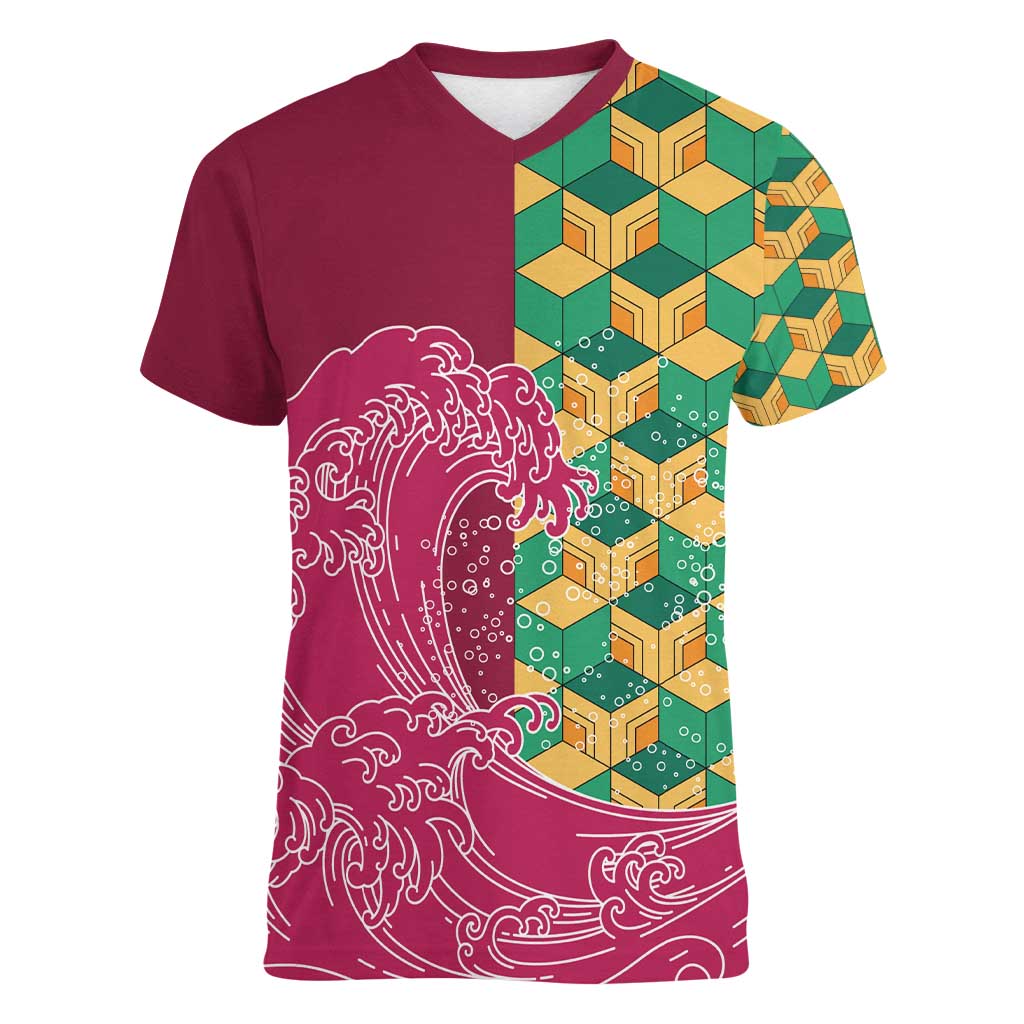 Japanese Bishamon-Kikkou Pattern Women V-Neck T-Shirt Water Pillar Silent River Flow LT9 Female Burgundy - Polynesian Pride