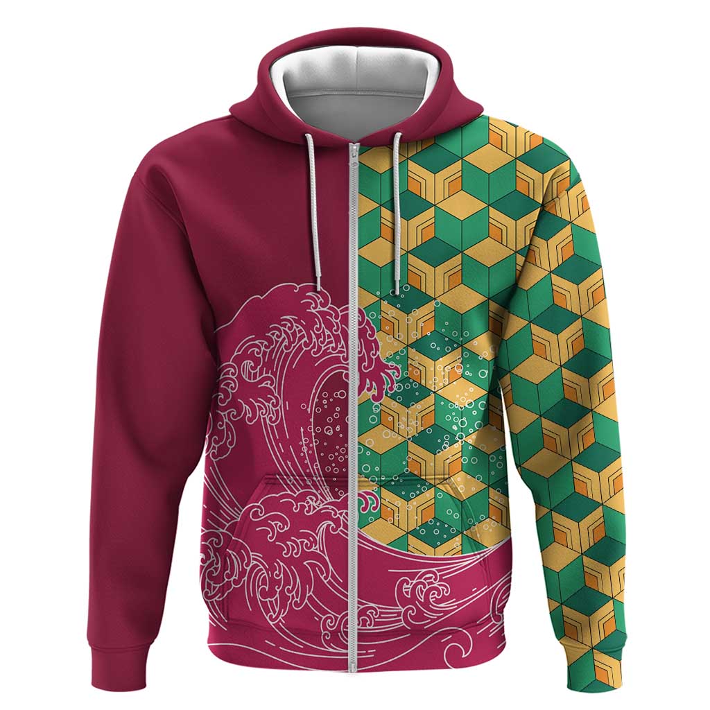 Japanese Bishamon-Kikkou Pattern Zip Hoodie Water Pillar Silent River Flow LT9 Zip Hoodie Burgundy - Polynesian Pride