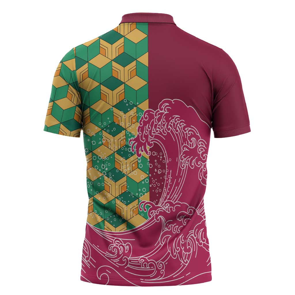Japanese Bishamon-Kikkou Pattern Zipper Polo Shirt Water Pillar Silent River Flow - Polynesian Pride