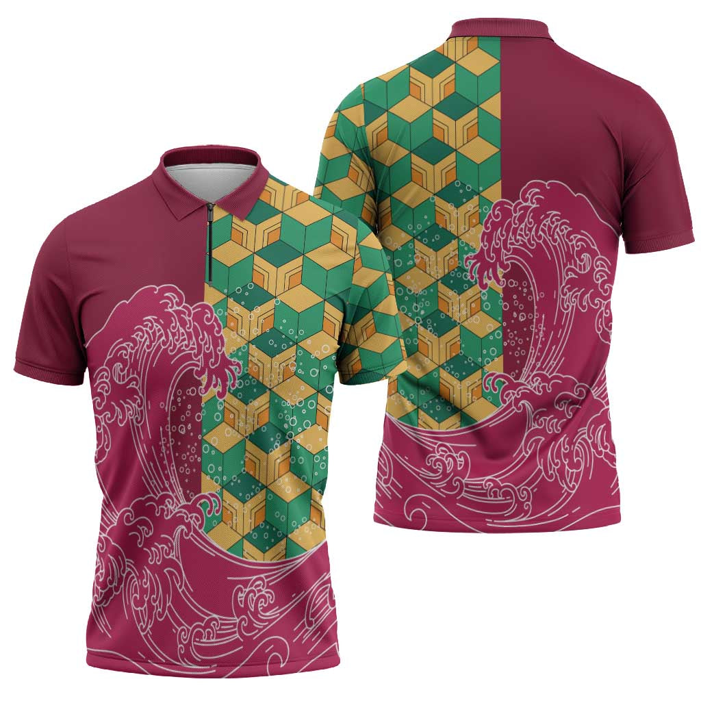 Japanese Bishamon-Kikkou Pattern Zipper Polo Shirt Water Pillar Silent River Flow - Polynesian Pride