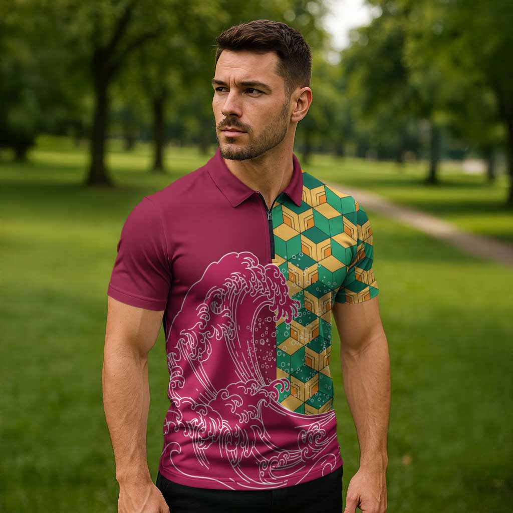 Japanese Bishamon-Kikkou Pattern Zipper Polo Shirt Water Pillar Silent River Flow - Polynesian Pride