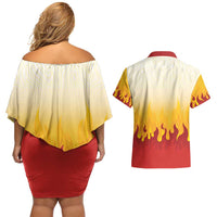 Japanese Kaen Pattern Couples Matching Off Shoulder Short Dress and Hawaiian Shirt Flame Pillar Blazing Lion Heart - Polynesian Pride