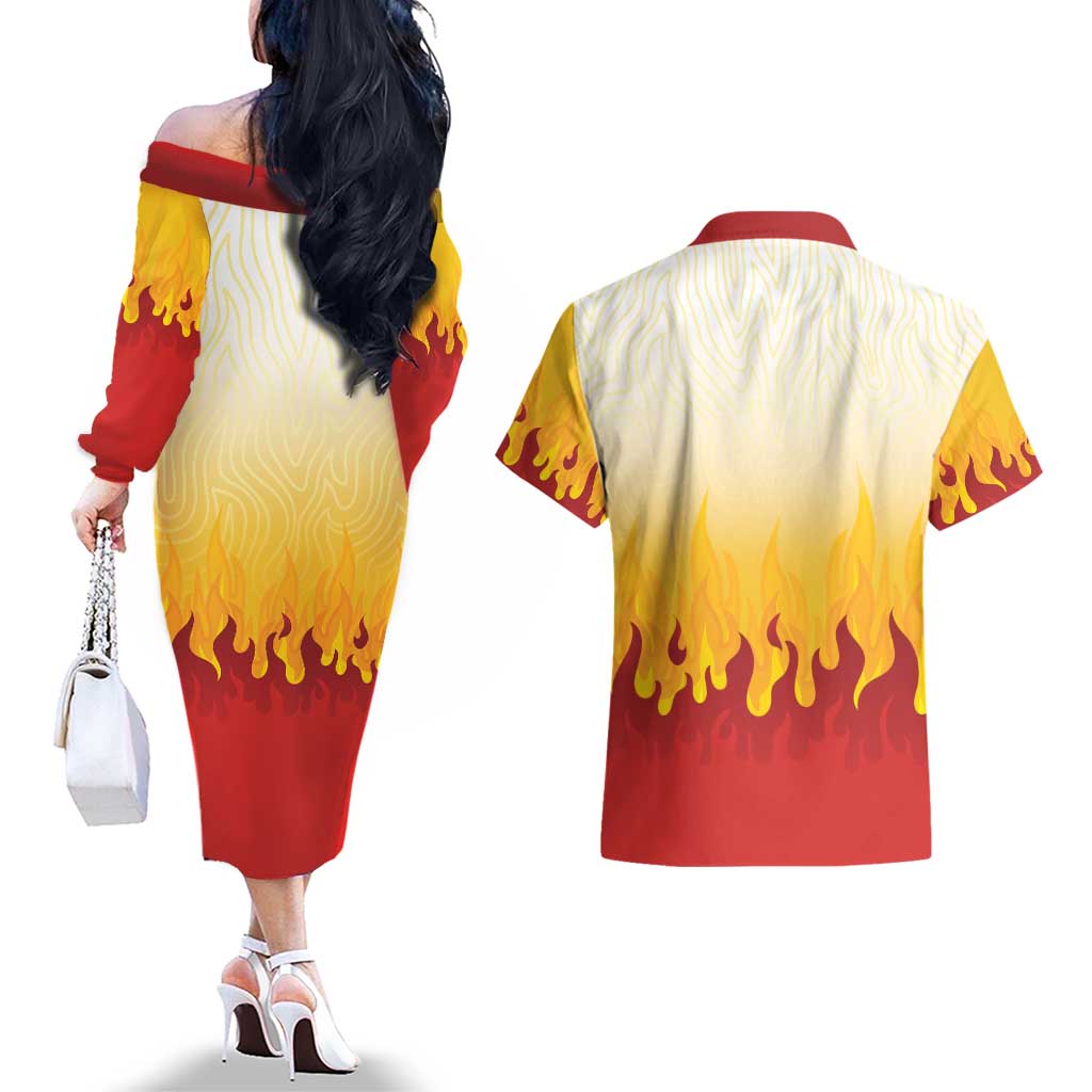 Japanese Kaen Pattern Couples Matching Off The Shoulder Long Sleeve Dress and Hawaiian Shirt Flame Pillar Blazing Lion Heart - Polynesian Pride