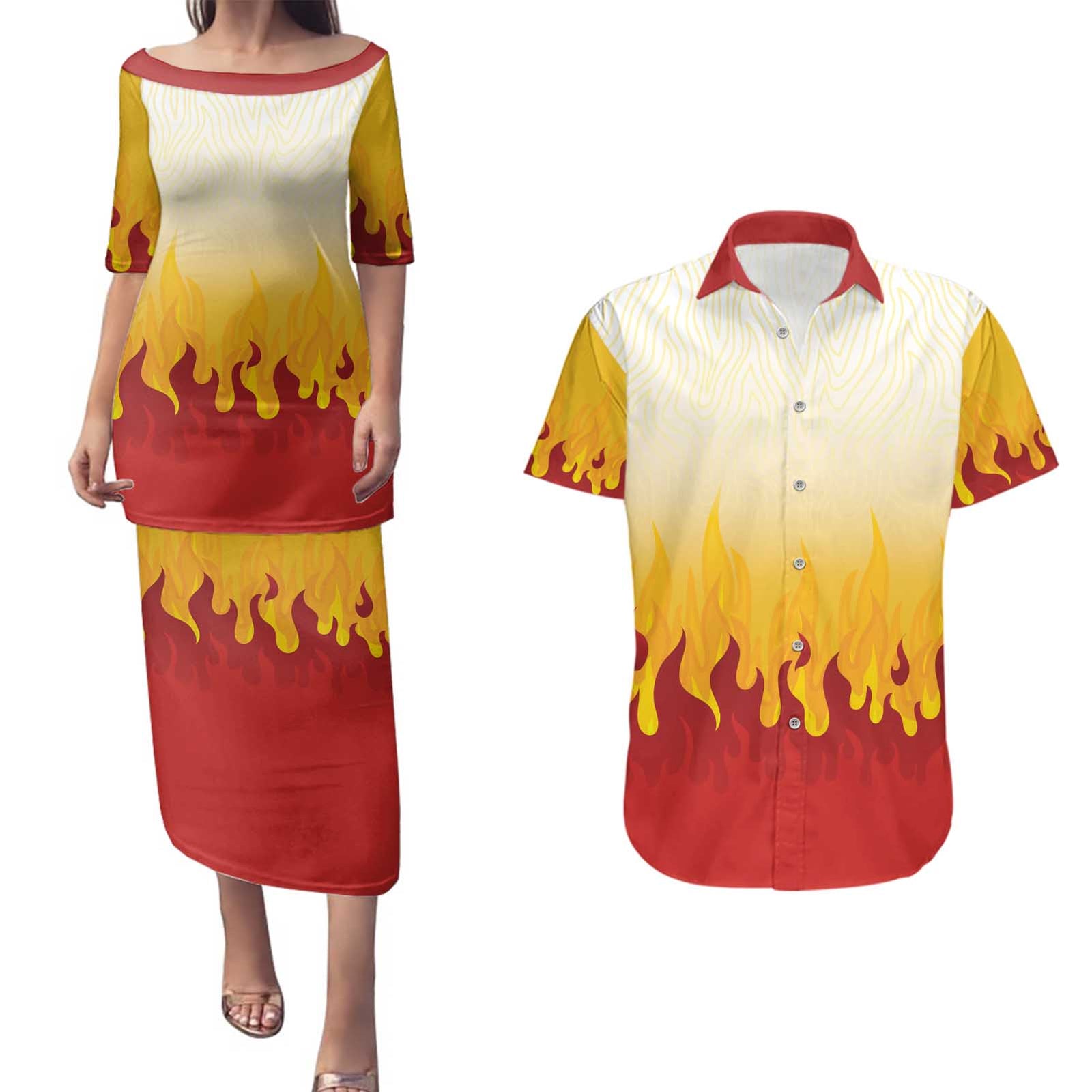 Japanese Kaen Pattern Couples Matching Puletasi and Hawaiian Shirt Flame Pillar Blazing Lion Heart LT9 Red - Polynesian Pride