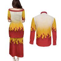 Japanese Kaen Pattern Couples Matching Puletasi and Long Sleeve Button Shirt Flame Pillar Blazing Lion Heart - Polynesian Pride