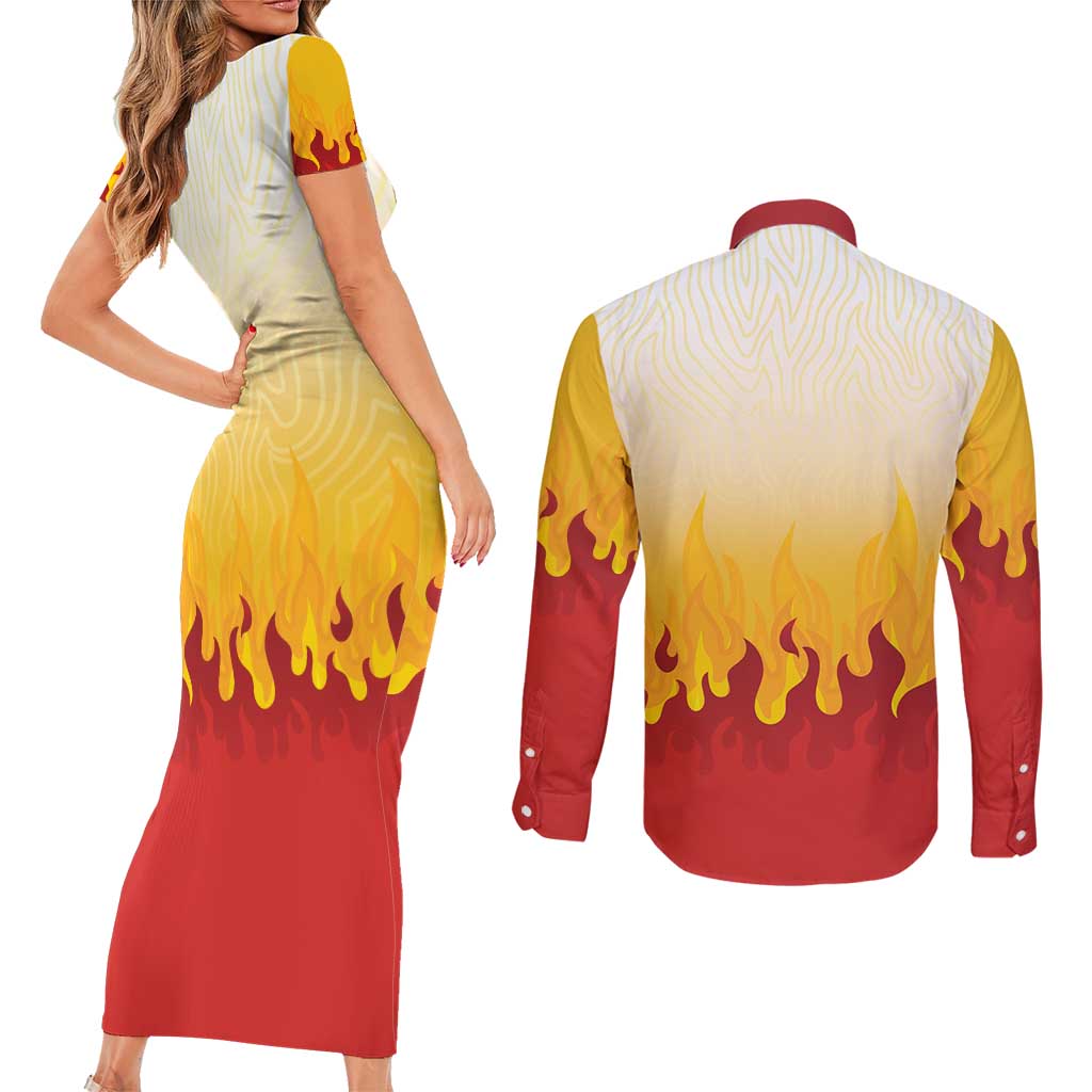 Japanese Kaen Pattern Couples Matching Short Sleeve Bodycon Dress and Long Sleeve Button Shirt Flame Pillar Blazing Lion Heart - Polynesian Pride
