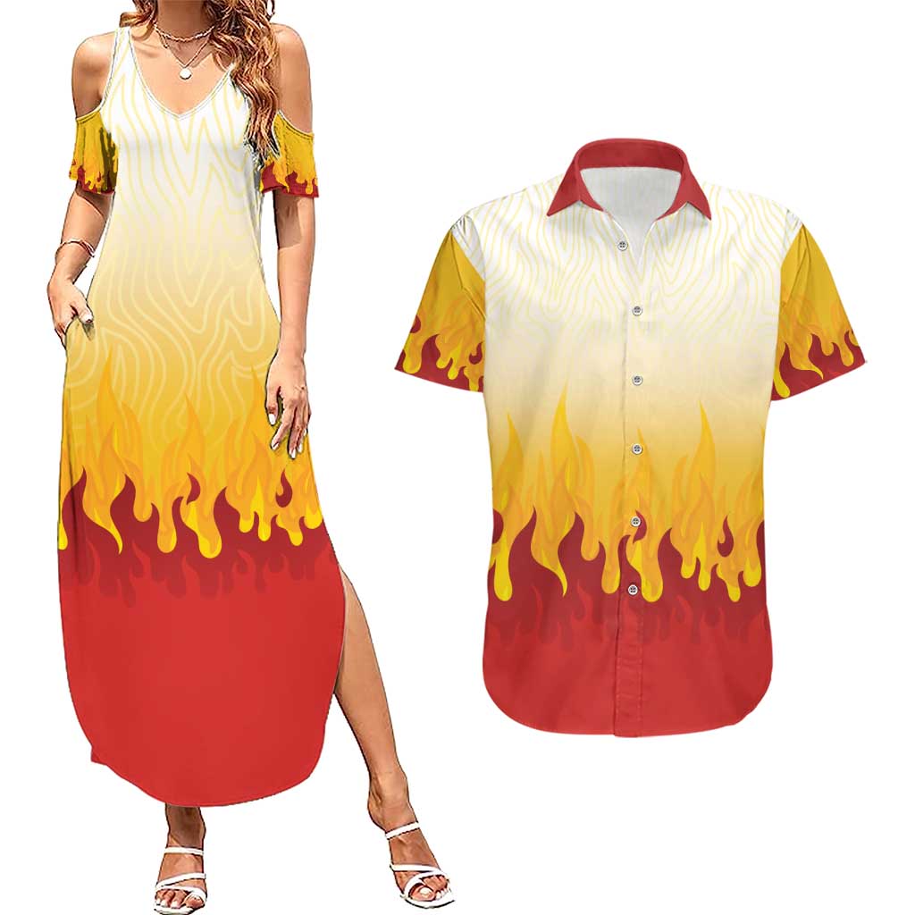 Japanese Kaen Pattern Couples Matching Summer Maxi Dress and Hawaiian Shirt Flame Pillar Blazing Lion Heart - Polynesian Pride