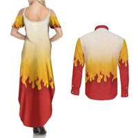 Japanese Kaen Pattern Couples Matching Summer Maxi Dress and Long Sleeve Button Shirt Flame Pillar Blazing Lion Heart LT9 - Polynesian Pride