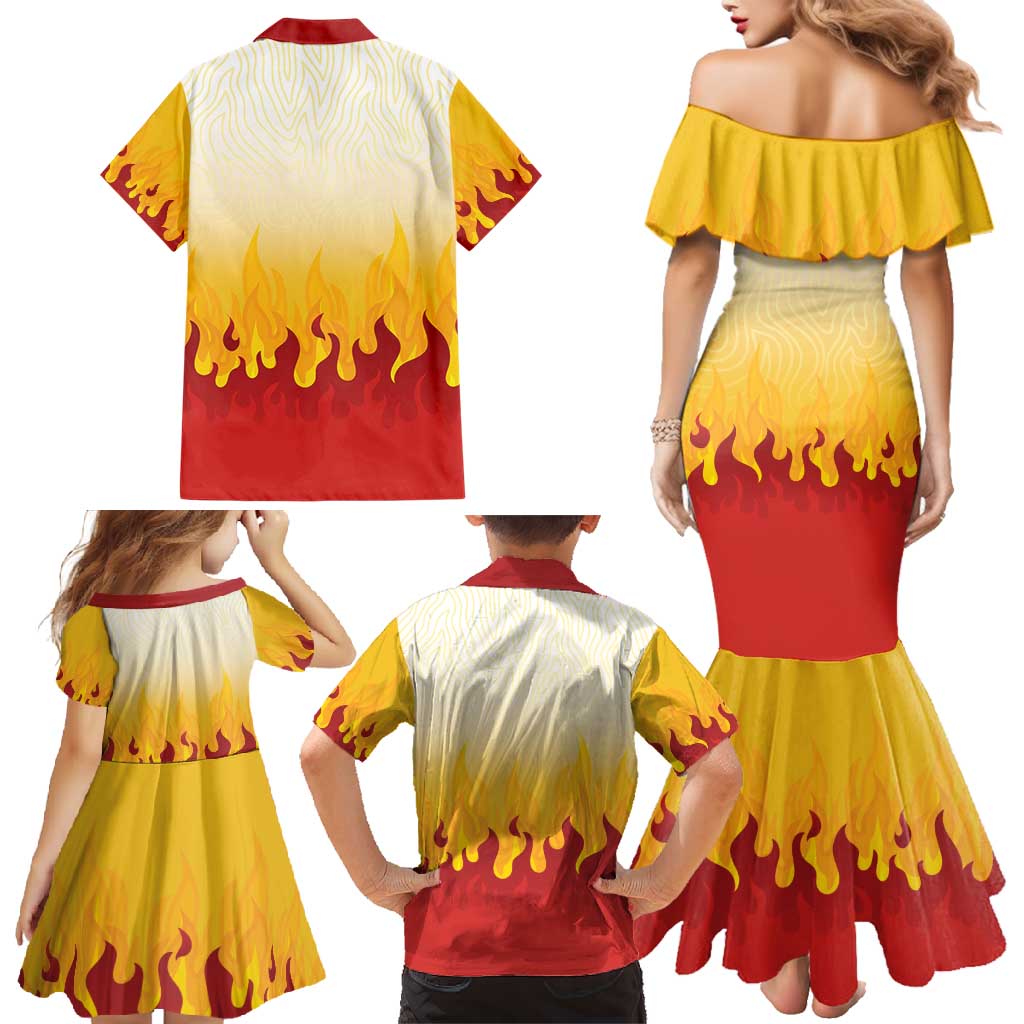 Japanese Kaen Pattern Family Matching Mermaid Dress and Hawaiian Shirt Flame Pillar Blazing Lion Heart - Polynesian Pride