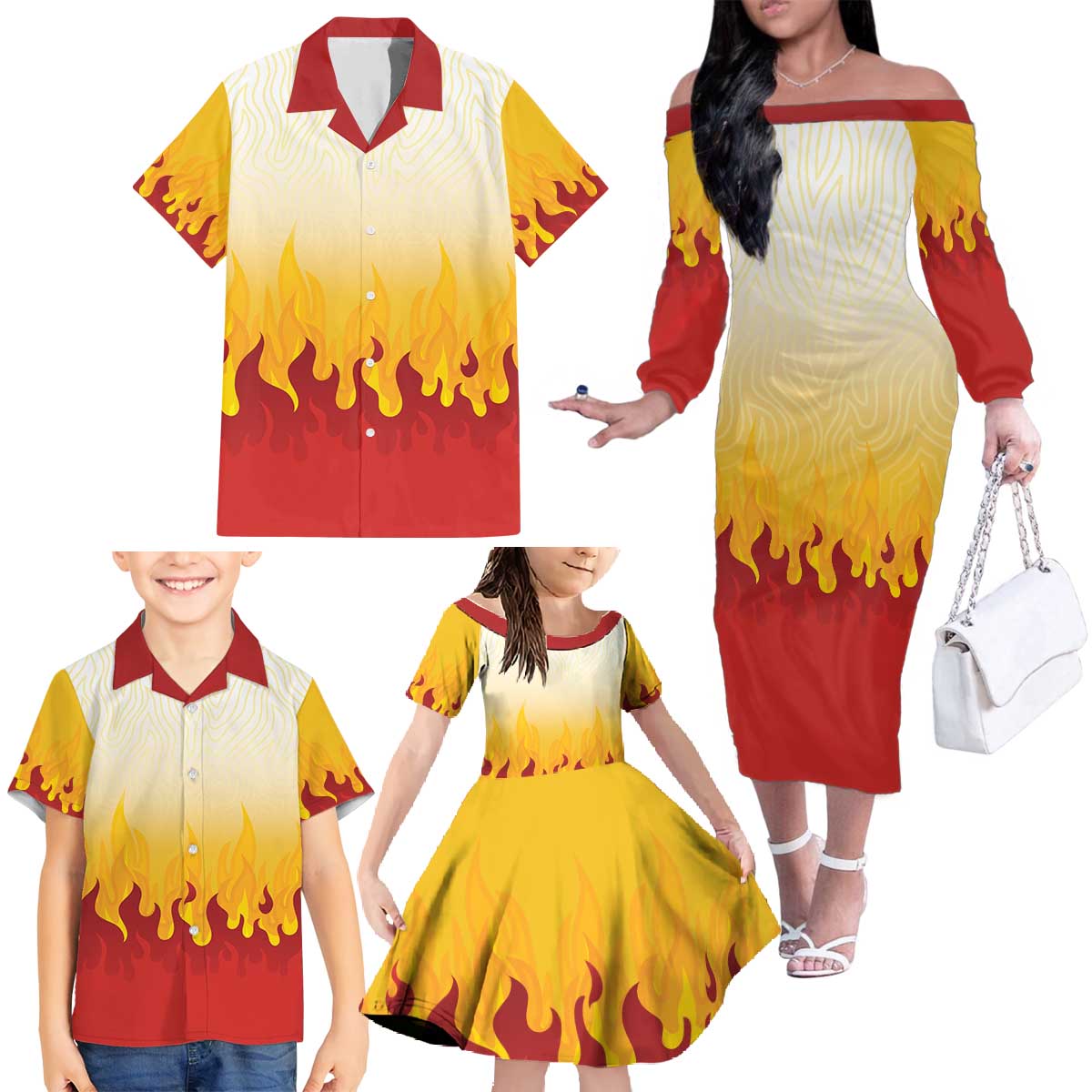 Japanese Kaen Pattern Family Matching Off The Shoulder Long Sleeve Dress and Hawaiian Shirt Flame Pillar Blazing Lion Heart - Polynesian Pride